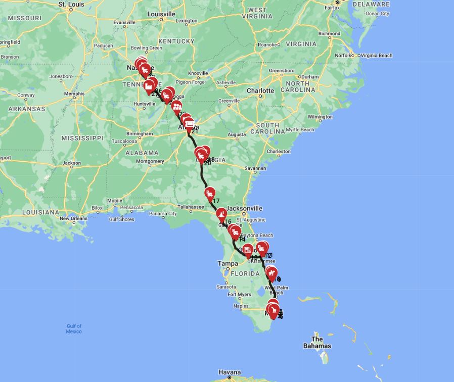 Miami to Nashville motorhome trip plan RV planner